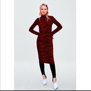 Zara Red Leopard Long Sleeve Turtleneck Dress